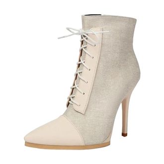 Generic Womens Party Ankle Boots Pointed Toe High Square Heel With Side Zipper And Front Lace Up Color Block Design