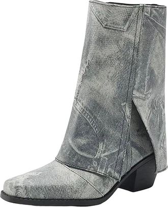 Generic Womens Western Cowboy Ankle Boots Square Toe High Block Heel Slip On With Mixed Color Pattern For Casual Wear