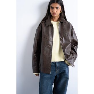Topshop Oversize Faux Leather Bomber Jacket in Brown at Nordstrom Rack, Size X-Small