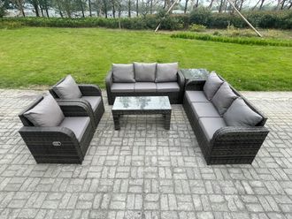 Fimous Wicker PE Rattan Sofa Set Outdoor Patio Garden Furniture with Reclining Chair Coffee Table Side Table Dark Grey Mixed