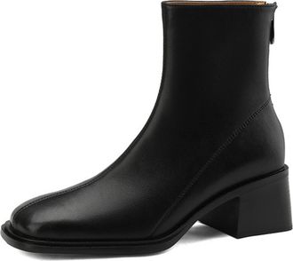 Generic Womens Ankle-High PU Leather Boots Square Toe Block Heels Side Zipper Sleek Slim Fit Solid Color Soft Lining Cushioned Insole Durable Outsole,Black,5.