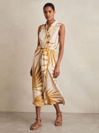 Reiss Womens Beige & Yellow Palm Print Sleeveless Shirt Dress, Size: 18
