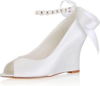 Emily Bridalwear Ivory Wedding Shoes Silk Peep Toe Pearls Wedge Bridal Shoes (EU38/UK5, Ivory)