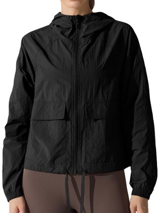 Feoya Womens Lightweight Waterproof Outdoor Jacket UPF 50+ Hooded Breathable Running Windbreaker with Pocket for Cycling Hiking Black L