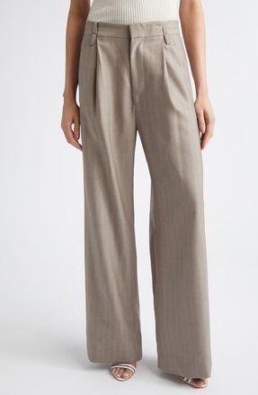 Victoria Beckham Pleated Virgin Wool Herringbone Straight Leg Pants in Limestone at Nordstrom, Size 8 Us