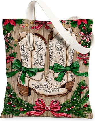 Generic Christmas Floral Canvas Tote Bags, Vintage Western Boots Design Reusable Grocery Bags, Lightweight Washable Shoulder Strap, White, 13x15 Inch
