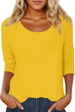 Generic DFEK 3/4 Sleeve Tops for Women UK, Scoop Neck T-Shirt Solid Color Soft Cotton Casual Basic Tee Top for Women, Long Sleeve Loose Fit Comfortable Blouse
