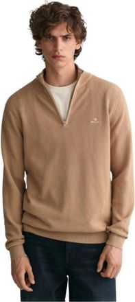 GANT Klassieke katoenpiqu&eacute; sweater met halve rits - Heren - Sweatshirts - Beige - 4XL - Katoen - Hoodies & sweatvesten