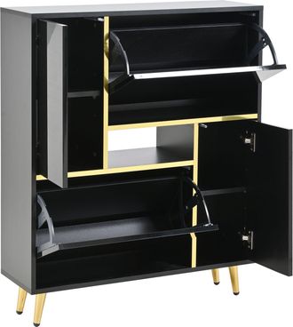 STILVORA Mueble Zapatero Con 2 Puertas Y Baldas Regulables, Led 16 Colores, Frente Brillante, Negro, En Tablero De Part&iacute;culas, 80&times;25&times;96 Cm