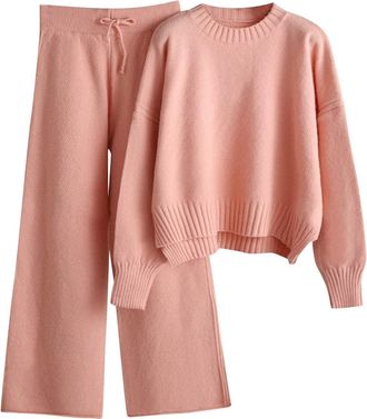 Generic Womens 2 Piece Outfits Autumn and Winter Casual Loose High Collar Knitting Suit Sweater Jumper Long Pants Set Wide Leg Pants Sweater Set Fall Winter S