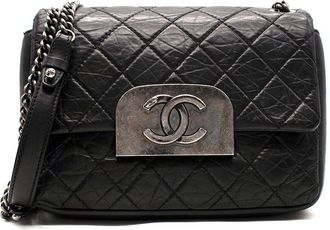 Chanel Black Quilted Distressed Calfskin Aged Silver Crossbody Bag