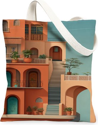 Generic Moroccan Canvas Tote Bags, Artistic Architecture Pattern Reusable Grocery Bags, Summer Vintage Lightweight Washable Shoulde, Blue, 13x15 Inch