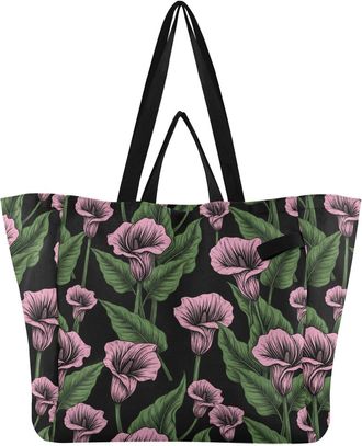 Generic Flower Leaves Black print Reusable Canvas Tote Bag, Heavy Duty Grocery Shopping Bag with Hard Bottom Large Capacity Double Handles Work Groceries Trav