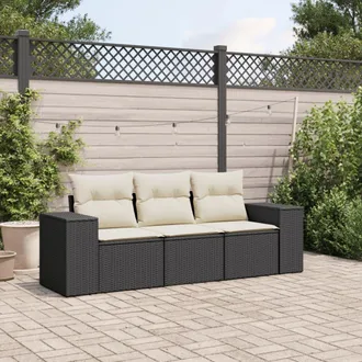 vidaXL Set De Sof&aacute;s De Jard&iacute;n Con Cojines 3 Pzas Rat&aacute;n Sint&eacute;tico Negro Vidaxl