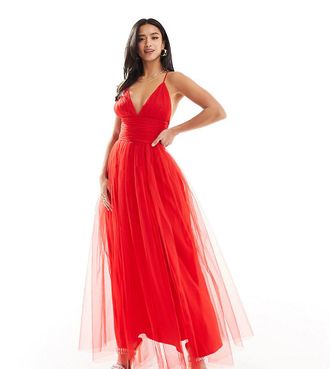 Lace & Beads Petite cross back tulle maxi dress in red