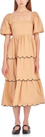 English Factory Puff Sleeve Scallop Trim Cotton Midi Dress In Tan Black