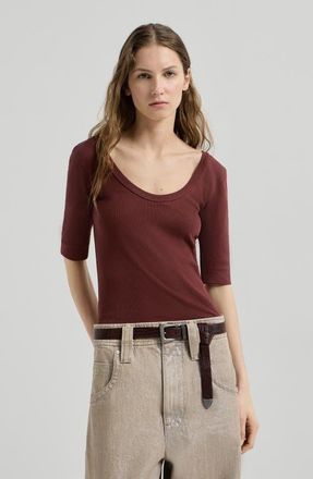 Brunello Cucinelli Stretch cotton ribbed jersey T-shirt with monili in Wine at Nordstrom, Size Xx-Small