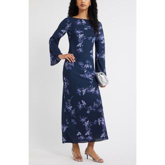 Open Edit Print Long Sleeve Drape Back Dress in Navy-Blue Garden Trails at Nordstrom, Size Xx-Small