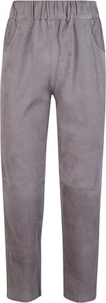 Via Masini 80 Grijze Su&egrave;de Broek met Elastische Taille - Dames - Slim Fit Broeken - Grijs - 3XS - Su&egrave;de - Broeken