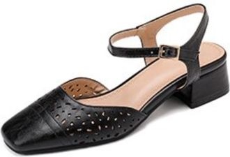 Generic Womens Square Toe Slingback Shoes Perforated Cutout Smooth Upper Ankle Strap Buckle Chunky Heel Open Heel Cushioned Insole Anti-Slip Sole,Black,6.5 UK