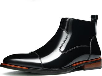 Generic Mens Patent Leather Short Boots Low Block Heel Formal Boots Round Toe Ankle Boot with Side Zipper,Black,6.5 UK