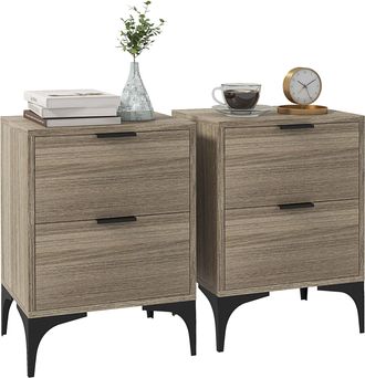 HOMCOM Bedside Tables Set Of 2 With 2 Drawers For Bedroom - Living Room - Grey | TJ Hughes