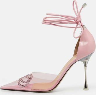 Mach & Mach Pink Leather And Pvc Crystal Embellished Bow Ankle Wrap Sandals