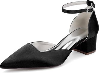 Generic Womens Block Heels Satin Bridal Wedding Shoes Pointed Toe Ankle Strap Court Prom Party Low Heels Shoes 4.5Cm,Black,10 UK