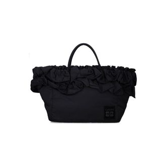 Ganni Black Nylon Ruffled XXL Shopper Bag Recycled Tote
