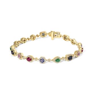 House of Brilliance 14K Yellow Gold Multi-Gemstone and Diamond Halo Rainbow Link Bracelet