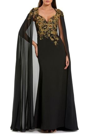 Mac Duggal Embellished Crepe Gown With Chiffon Cape Sleeves in Black Gold at Nordstrom, Size 10