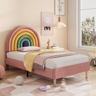 Matteo Adjustable Velvet Upholstered Bed 90*190 with Wooden Slat Support & Headboard, Pink in Beige