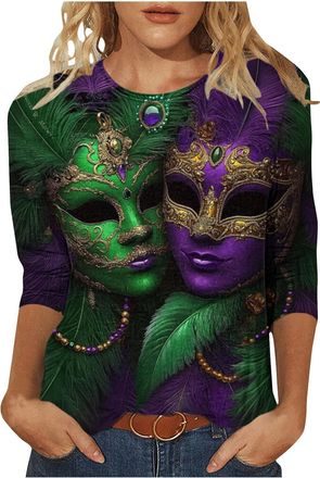 Generic 2026 Mardi Gras Tops for Women UK Casual 3/4 Sleeve Carnival Mask Graphic Shirts Dressy Comfy Crew Neck Loose Fit Blouse Ladies Elegant Lightweight Go