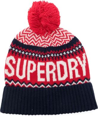 Superdry pompom-detail patterned beanie - women - Wool/Polyamide - One Size - Red