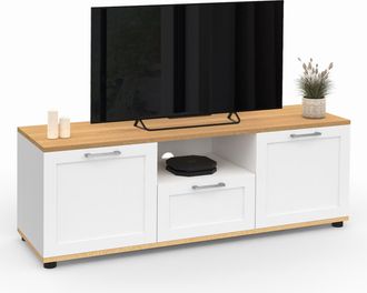 IDMarket Mueble Tv Vito Con Caj&oacute;n Y Hornacina Blancos Y Encimera De Madera De 110 Cm