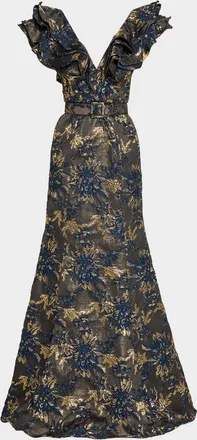 Badgley Mischka Ruffle Metallic Jacquard Mermaid Gown