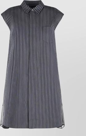 sacai cotton blend dress cap sleeves stripes chest pocket