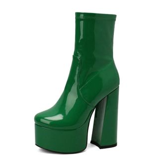 Generic Womens Patent Leather Ankle Boots with Chunky Heel & Side Zipper, Fall and Winter Style,Green,6.5 UK