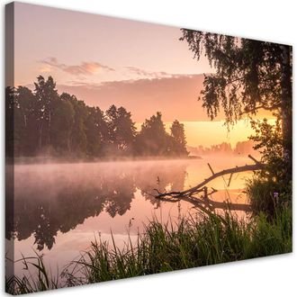 Feeby Cuadro En Lienzo, Lago Bosque En La Niebla Paisaje, 100x70