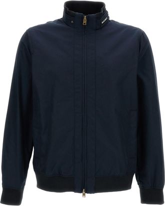 Woolrich High Collar Blue Bomber Jacket with Two-Way Zip Closure