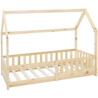 ML Design Ml-design Cama Infantil Casa Natural 80x160 Cm De Madera De Pino Con Protecci&oacute;n Antica&iacute;da, Techo Y Somier Estructura De Listones, Cuna De Suelo Maciza