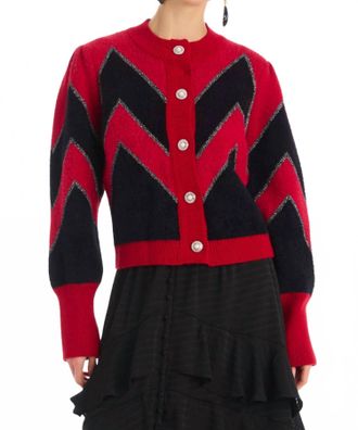 Allison New York Fuzzy Chevron Cardigan In Red/black
