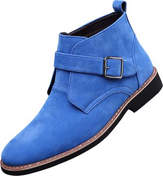 Generic Mens Suede Mid Top Ankle Boots with Monk Buckle Strap Classic Round Toe Non-Slip Block Heel Chukka Booties Wedding Office Dress Short Boots (Blue,12.5