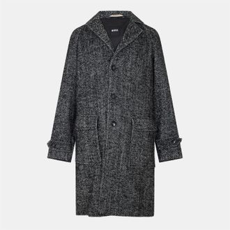 HUGO BOSS Mens Herringbone Tweed Coat with Flap Pocket and Button Placket in Black - Size 44 (Chest)