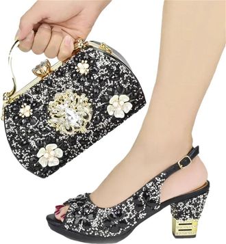 Generic Womens Wedding Bride Luxury Thick Heel Shoes and Evening Handbag Matching Set with Sparkly Rhinestone Flower Black