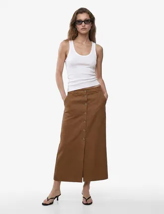 Koton Button Down Midi Linen Skirt in Brown at Nordstrom, Size 2
