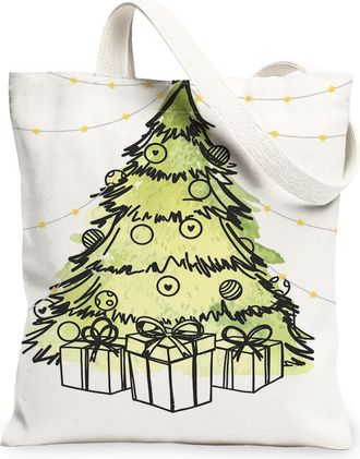Generic Christmas Tree Canvas Tote Bags, Festive Holiday Design Reusable Bags, Vintage Artistic Lightweight Washable Shoulder Strap, White, 13x15 Inch