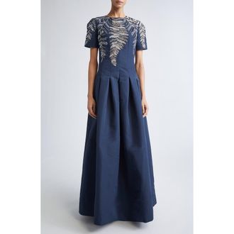 Oscar De La Renta Sequin Fern Embroidered Faille Gown in Navy at Nordstrom, Size 10