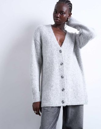 Topshop Easy - Cardigan grigio taglio lungo lavorato a maglia