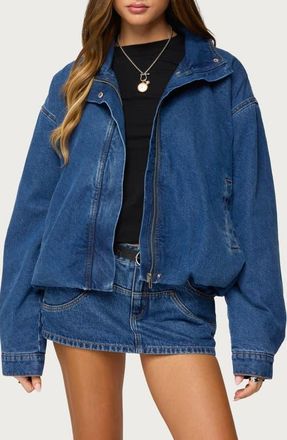 Edikted Hilary Oversize Bubble Hem Denim Jacket in Blue-Washed at Nordstrom, Size X-Small